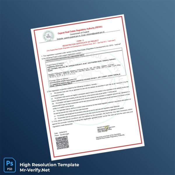 Editable Gujarat Real Estate Regulatory Authority Registration Certificate Word and Pdf Template