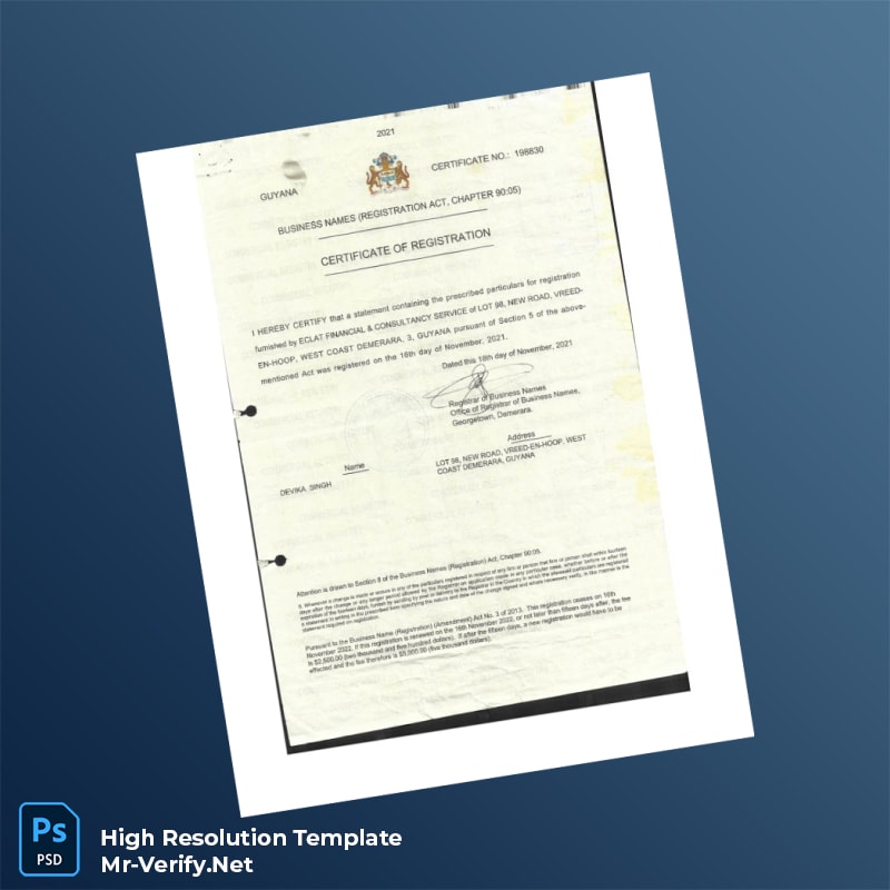 Editable Guyana Registrar of Business Names Certificate of Registration Word and Pdf Template 2 page Editable Guyana Registrar of Business Names Certificate of Registration Word and Pdf Template 2 page