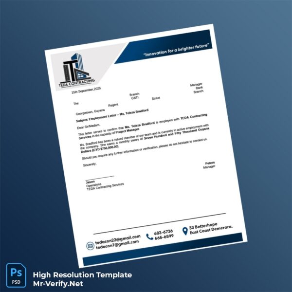 Editable Guyana TEDA Contracting Services Employment Verification Letter Word and Pdf Template