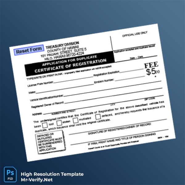 Editable Hawaii County Treasury Division Application for Duplicate Certificate of Registration Word and Pdf Template