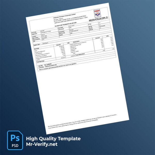 Hindustan Petroleum Corporation Limited payslip word and pdf template