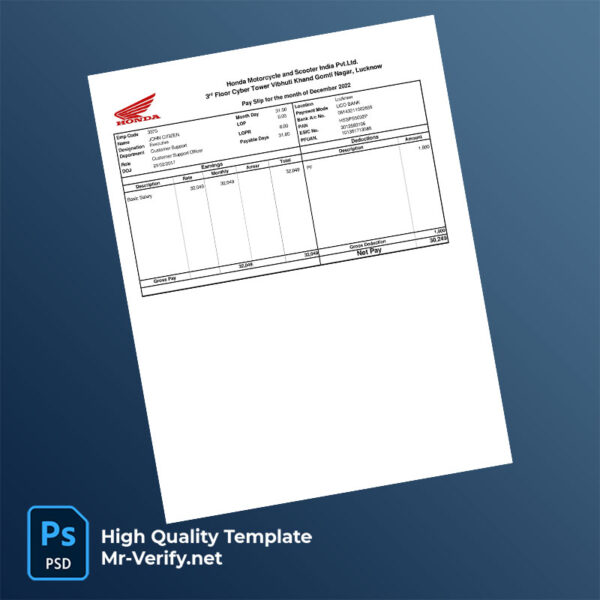 Honda Motorcycle and Scooter India Pvt Ltd payslip word and pdf template Honda Motorcycle and Scooter India Pvt Ltd payslip word and pdf template