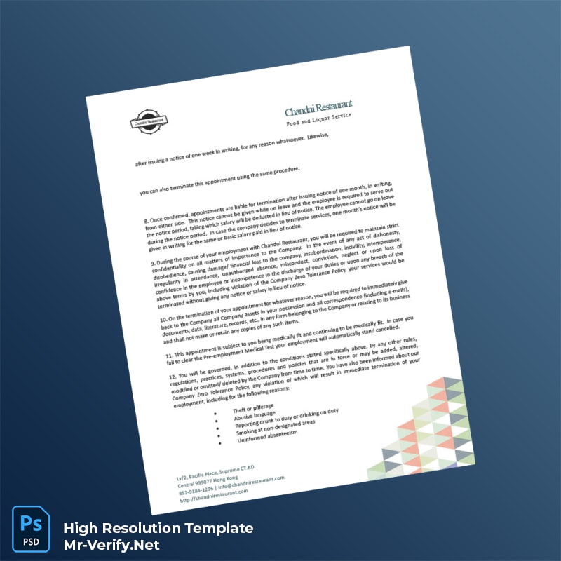Editable Hong Kong Chandni Restaurant Employment Verification Letter Word and Pdf Template 3 page Editable Hong Kong Chandni Restaurant Employment Verification Letter Word and Pdf Template 3 page