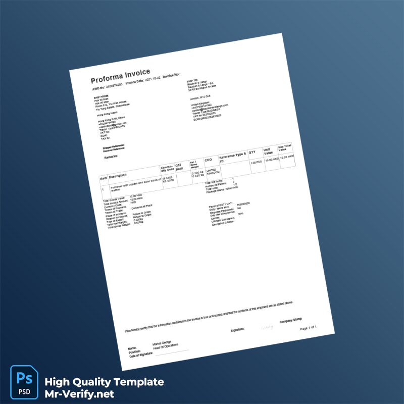 Hong Kong Hok Wi Man Proforma Invoice Template in Word and PDF formats Hong Kong Hok Wi Man Proforma Invoice Template in Word and PDF formats