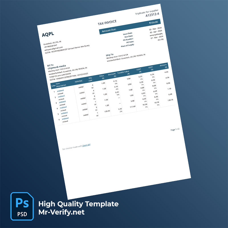 India AQPL Editable Tax Invoice Template in Word and PDF formats India AQPL Editable Tax Invoice Template in Word and PDF formats