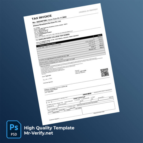 India Alliance Broadband Services Pvt. Ltd. Editable Tax Invoice Template in Word and PDF formats