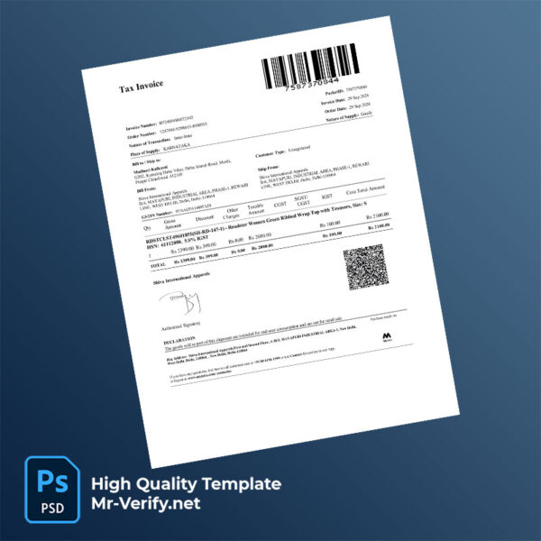 India Shiva International Apparels Editable Tax Invoice Template in Word and PDF formats