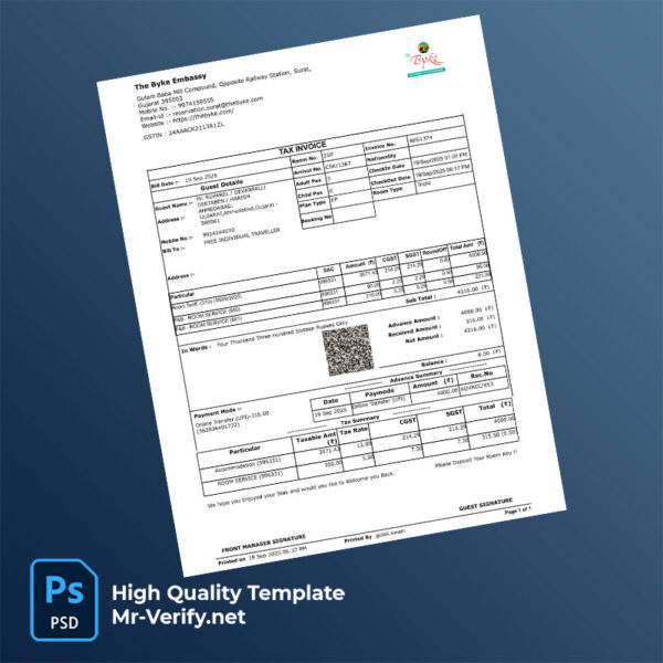 India The Byke Hospitality Ltd Editable GST Bill Template in Word and PDF formats India The Byke Hospitality Ltd Editable GST Bill Template in Word and PDF formats