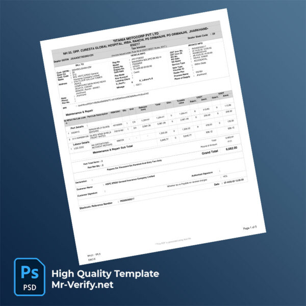 India Titania Motocorp Pvt Ltd Editable Tax Invoice Template in Word and PDF formats India Titania Motocorp Pvt Ltd Editable Tax Invoice Template in Word and PDF formats