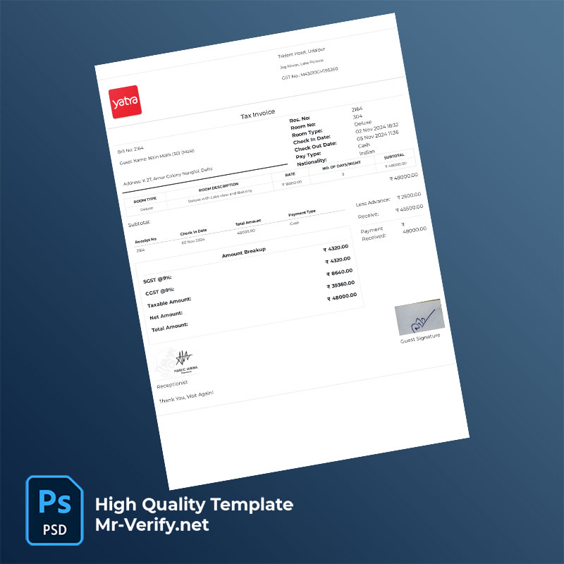 India Trident Hotel Udaipur Editable Hotel Bill Template in Word and PDF formats India Trident Hotel Udaipur Editable Hotel Bill Template in Word and PDF formats