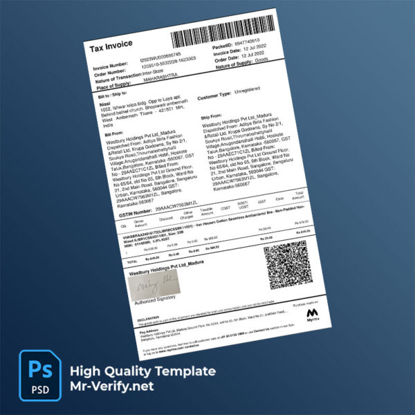 India Westbury Holdings Pvt Ltd Editable Tax Invoice Template in Word and PDF formats