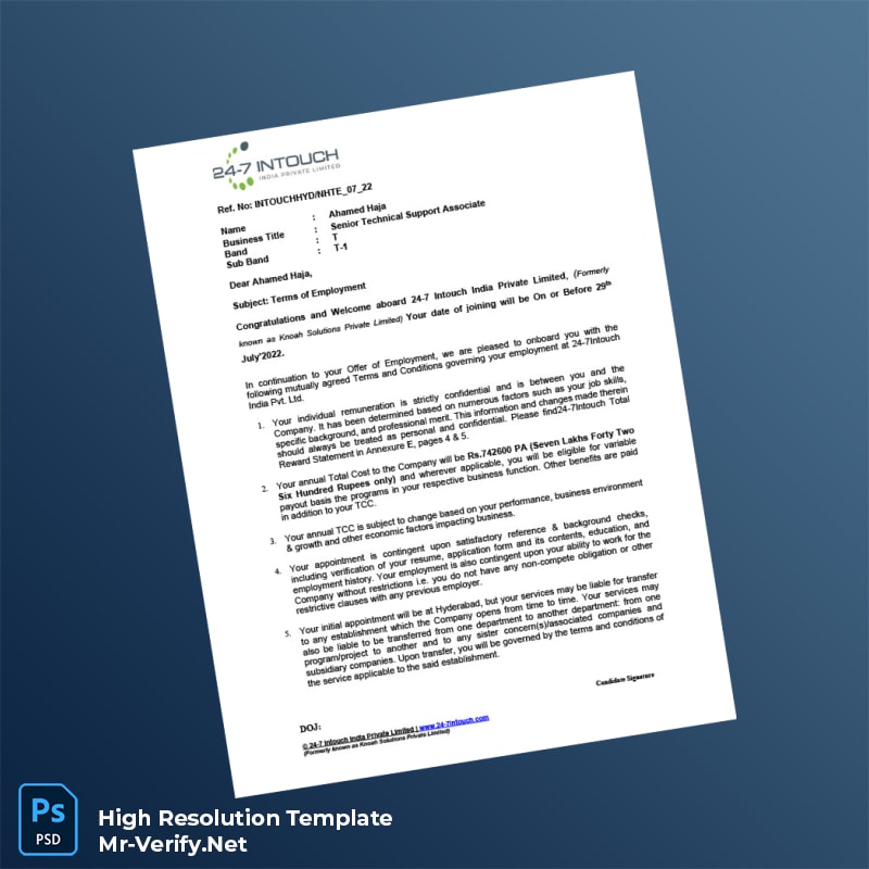 Editable India 24-7 Intouch Employment Verification Letter Word and Pdf Template 6 page Editable India 24-7 Intouch Employment Verification Letter Word and Pdf Template 6 page