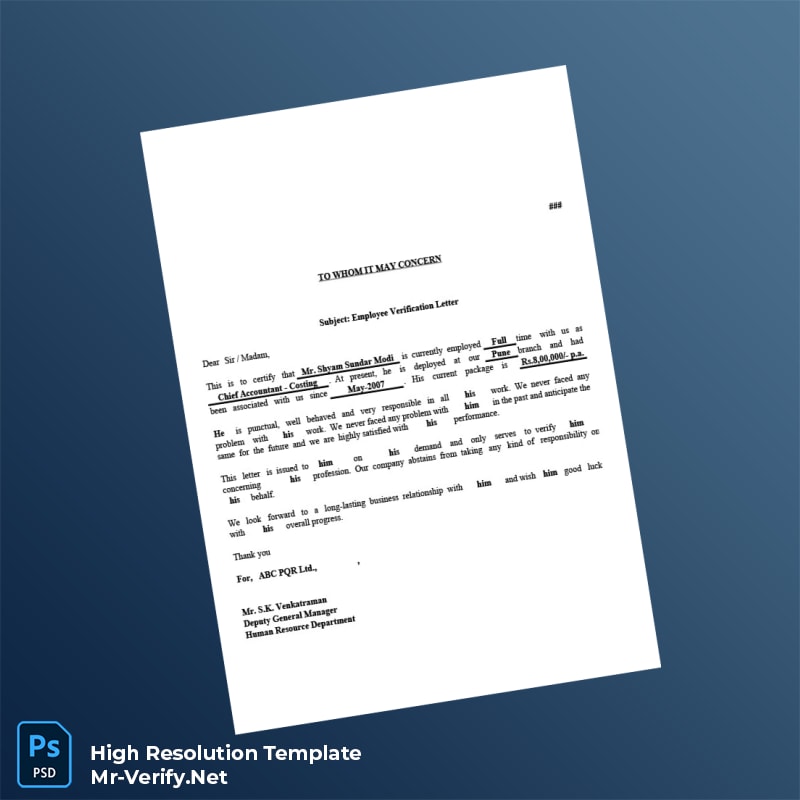 Editable India ABC PQR Ltd Employment Verification Letter Word and Pdf Template 5 page Editable India ABC PQR Ltd Employment Verification Letter Word and Pdf Template 5 page