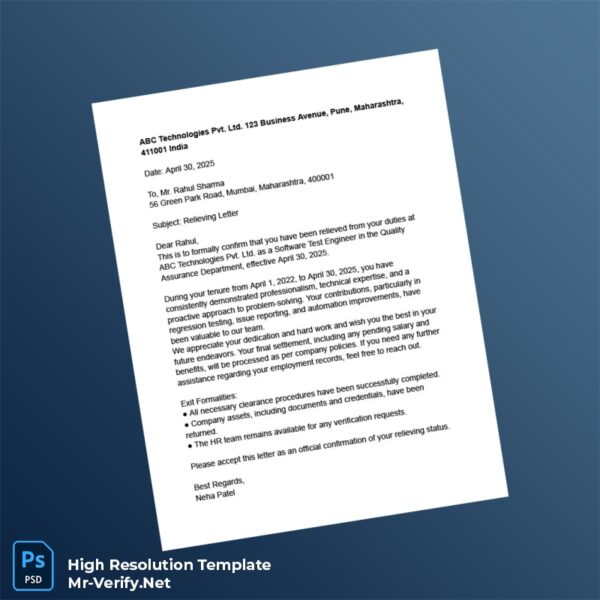 Editable India ABC Technologies Pvt Ltd Relieving Letter Word and Pdf Template 2 page