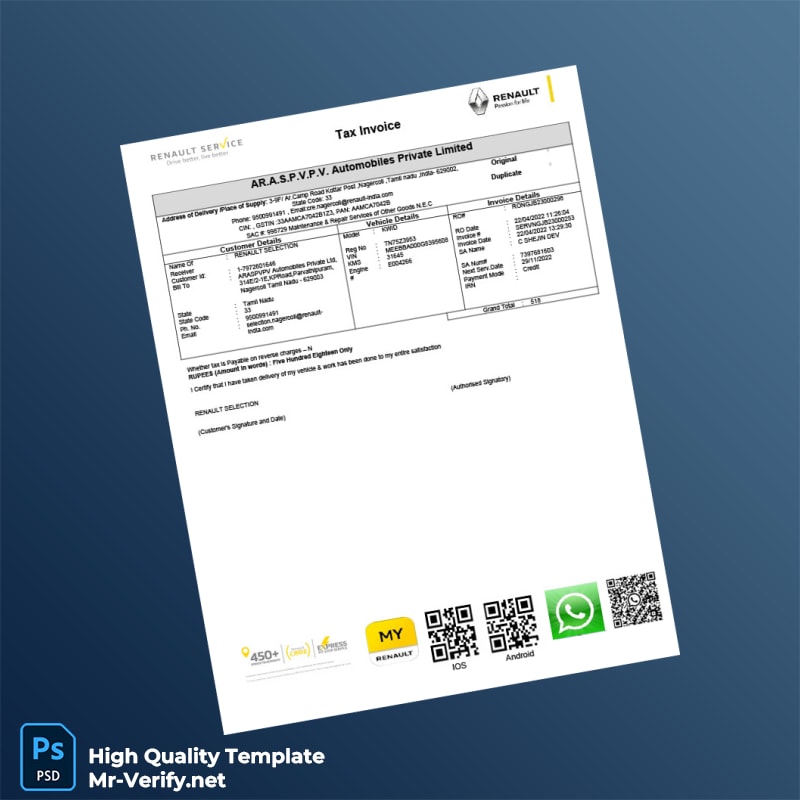 India AR A S P V P V Automobiles Private Limited Tax Invoice Template in Word and PDF formats 4 page India AR A S P V P V Automobiles Private Limited Tax Invoice Template in Word and PDF formats 4 page