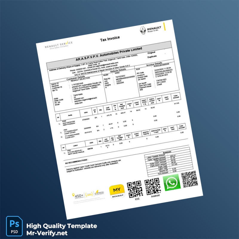 India AR A S P V P V Automobiles Private Limited Tax Invoice Template in Word and PDF formats 4 page India AR A S P V P V Automobiles Private Limited Tax Invoice Template in Word and PDF formats 4 page