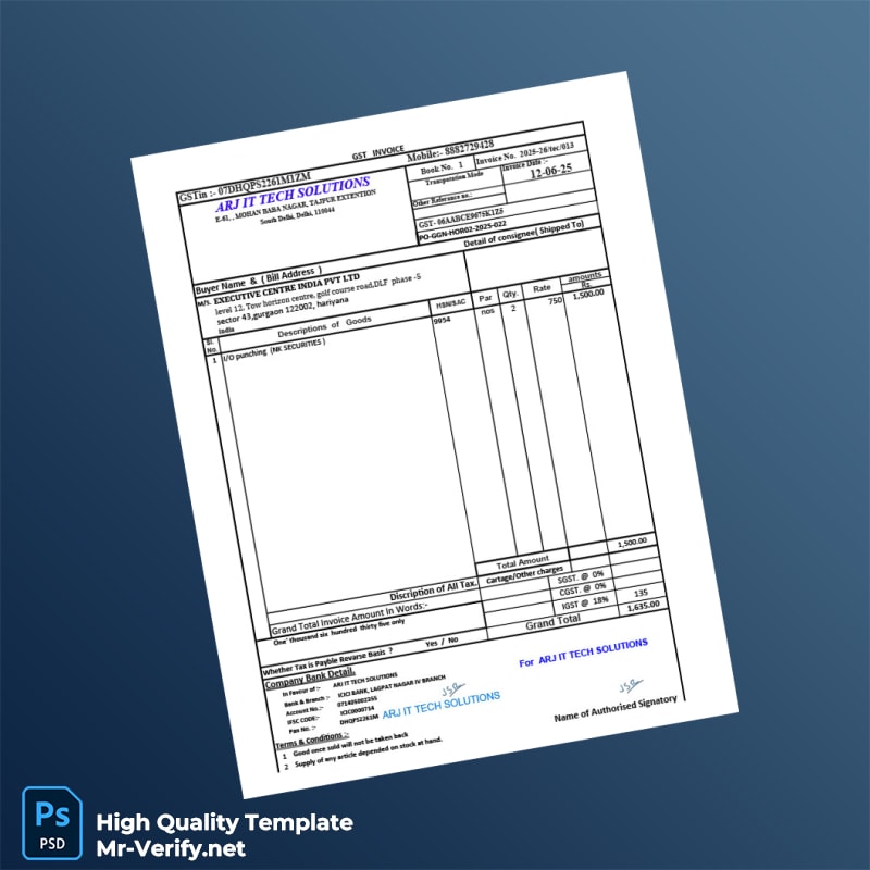 India ARJ IT Tech Solutions Invoice Template in Word and PDF formats 2 page India ARJ IT Tech Solutions Invoice Template in Word and PDF formats 2 page