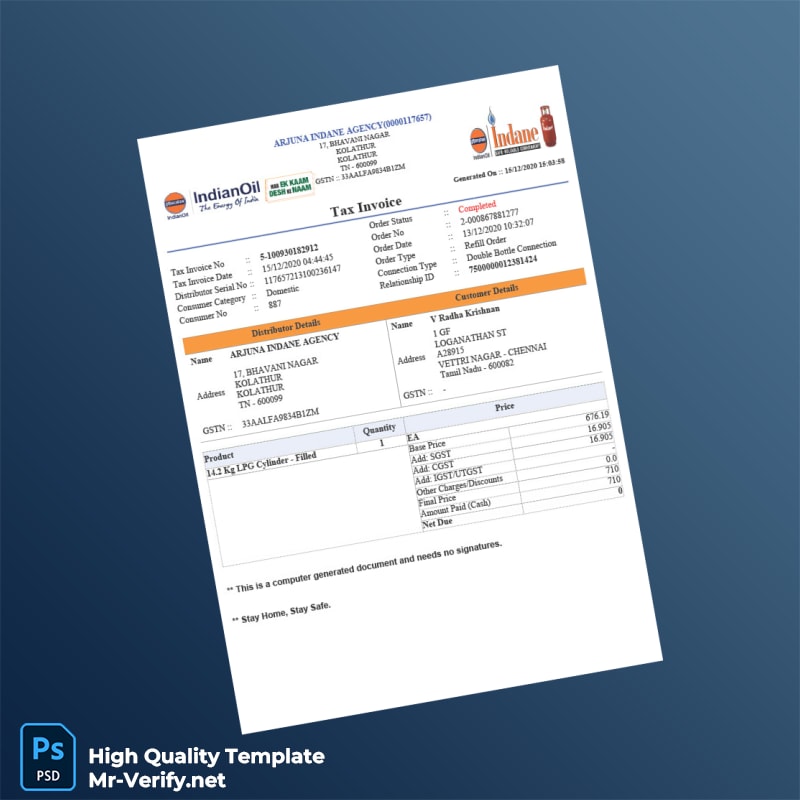 India ARJUNA INDANE AGENCY Tax Invoice Template in Word and PDF formats India ARJUNA INDANE AGENCY Tax Invoice Template in Word and PDF formats