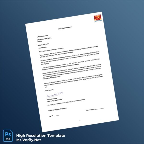 Editable India Aditya Birla New Age Restaurants Café Pvt Ltd Employment Verification Letter Word and Pdf Template 3 page Editable India Aditya Birla New Age Restaurants Café Pvt Ltd Employment Verification Letter Word and Pdf Template 3 page