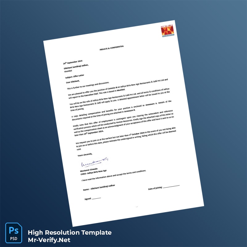 Editable India Aditya Birla New Age Restaurants Café Pvt Ltd Employment Verification Letter Word and Pdf Template 3 page Editable India Aditya Birla New Age Restaurants Café Pvt Ltd Employment Verification Letter Word and Pdf Template 3 page