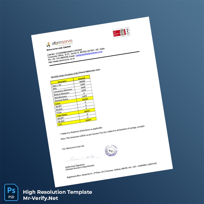 Editable India Aforeserve com Limited Employment Verification Letter Word and Pdf Template 4 page Editable India Aforeserve com Limited Employment Verification Letter Word and Pdf Template 4 page
