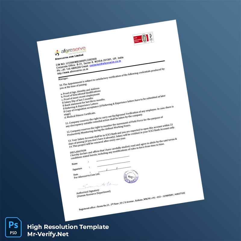 Editable India Aforeserve com Limited Employment Verification Letter Word and Pdf Template 4 page Editable India Aforeserve com Limited Employment Verification Letter Word and Pdf Template 4 page
