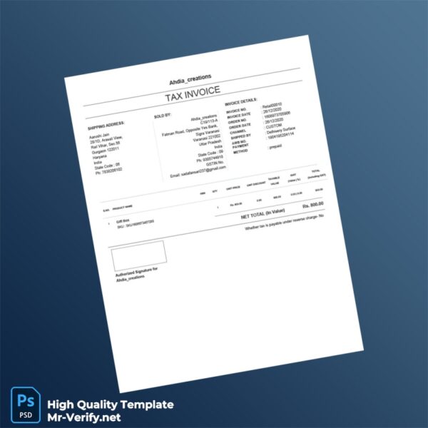 India Ahdia_creations Tax Invoice Template in Word and PDF formats