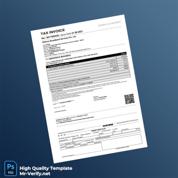 India Alliance Broadband Services Pvt Ltd Invoice Template in Word and PDF formats