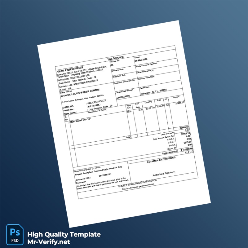 India Aman Enterprises Tax Invoice Template in Word and PDF formats India Aman Enterprises Tax Invoice Template in Word and PDF formats