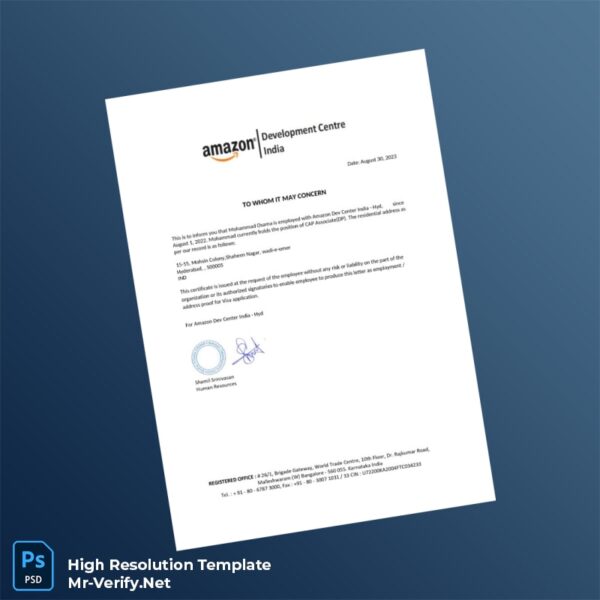 Editable India Amazon Development Centre Employment Verification Letter Word and Pdf Template
