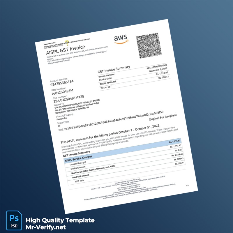 India Amazon Internet Services Private Limited Invoice Template in Word and PDF formats 2 page India Amazon Internet Services Private Limited Invoice Template in Word and PDF formats 2 page