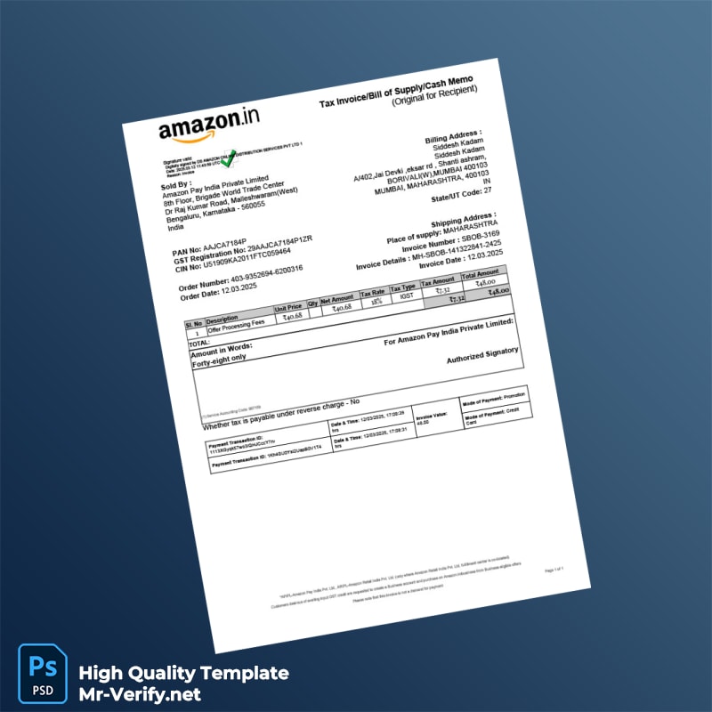India Amazon Pay India Private Limited Tax Invoice Template in Word and PDF formats 2 page India Amazon Pay India Private Limited Tax Invoice Template in Word and PDF formats 2 page