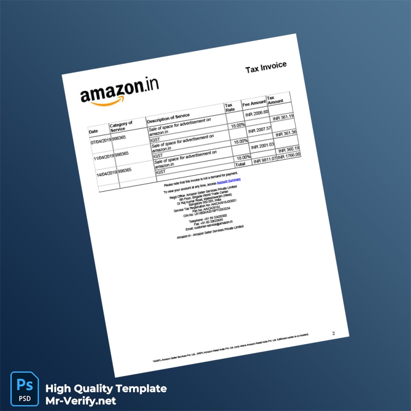 India Amazon Seller Services Private Limited Tax Invoice Template in Word and PDF formats 2 page India Amazon Seller Services Private Limited Tax Invoice Template in Word and PDF formats 2 page