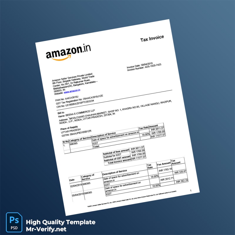 India Amazon Seller Services Private Limited Tax Invoice Template in Word and PDF formats 2 page India Amazon Seller Services Private Limited Tax Invoice Template in Word and PDF formats 2 page
