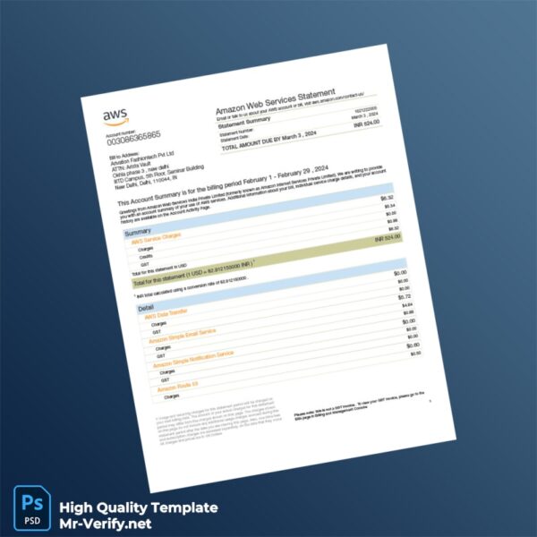 India Amazon Web Services Invoice Template in Word and PDF formats 2 page India Amazon Web Services Invoice Template in Word and PDF formats 2 page