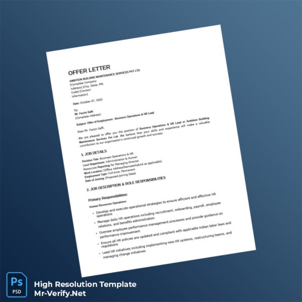 Editable India Ambition Building Maintenance Services Pvt Ltd Employment Verification Letter Word and Pdf Template 7 page