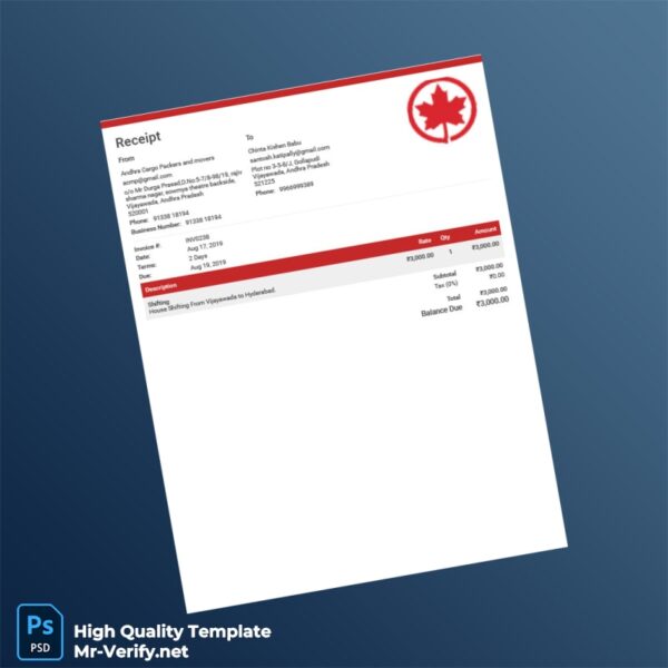 India Andhra Cargo Packers and Movers Invoice Template in Word and PDF formats