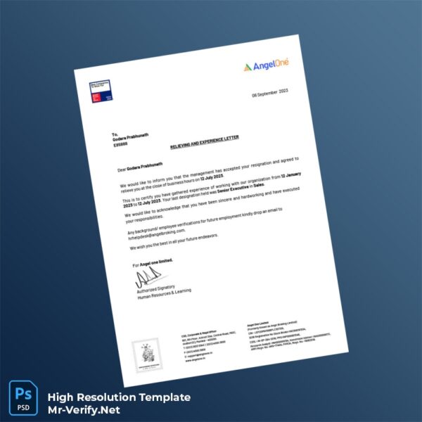 Editable India Angel One Limited Employment Verification Letter Word and Pdf Template