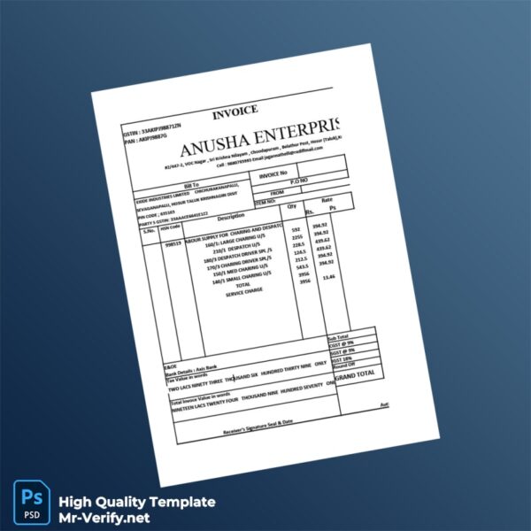 India Anusha Enterprises Invoice Template in Word and PDF formats 2 page India Anusha Enterprises Invoice Template in Word and PDF formats 2 page