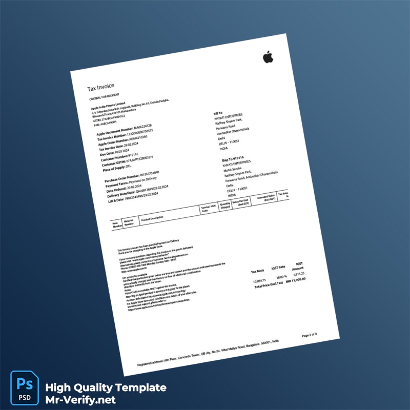India Apple India Private Limited Invoice Template in Word and PDF formats 3 page India Apple India Private Limited Invoice Template in Word and PDF formats 3 page