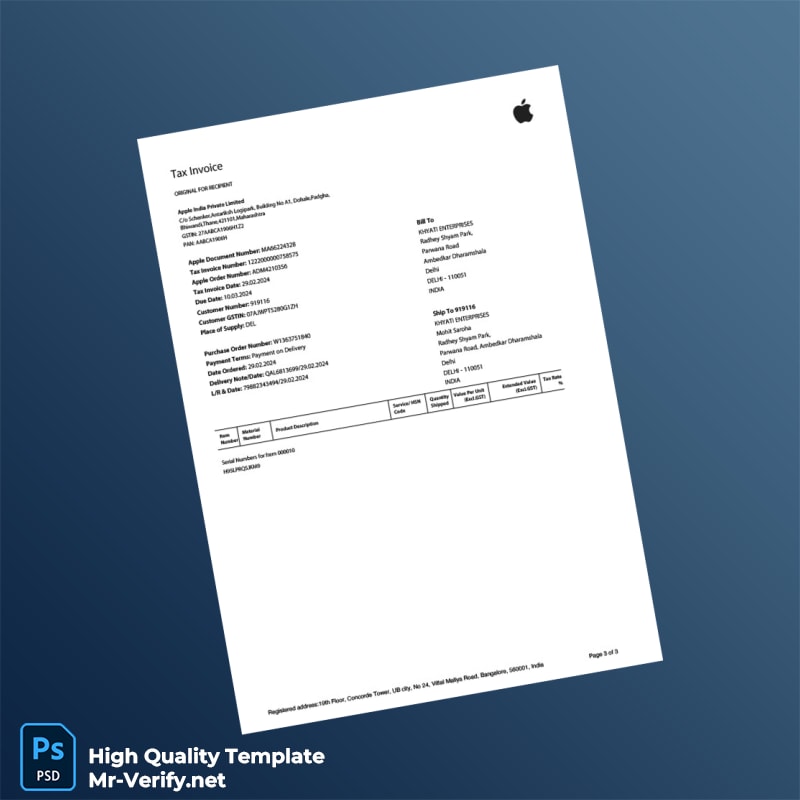 India Apple India Private Limited Invoice Template in Word and PDF formats 3 page India Apple India Private Limited Invoice Template in Word and PDF formats 3 page