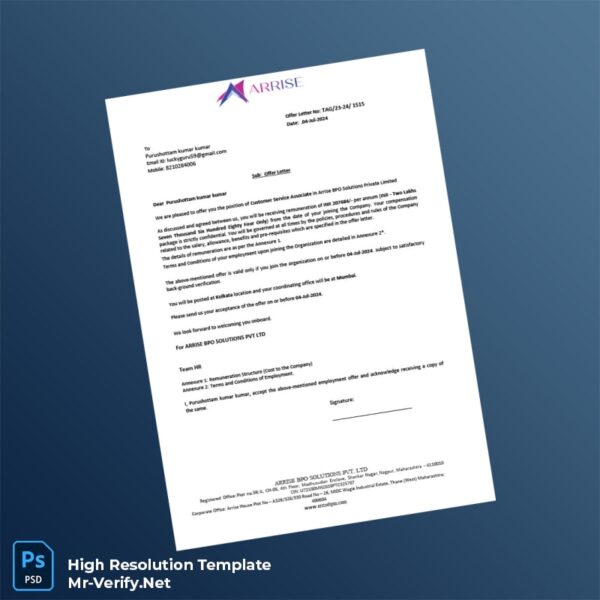 Editable India Arrise BPO Solutions Pvt Ltd Employment Verification Letter Word and Pdf Template 4 page