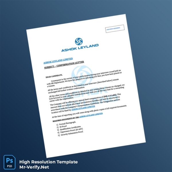 Editable India Ashok Leyland Limited Employment Verification Letter Word and Pdf Template 3 page