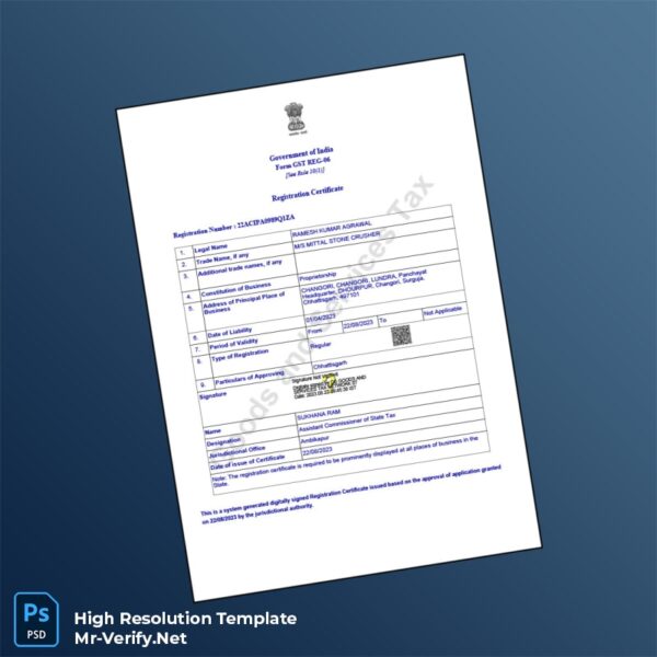 Editable India Assistant Commissioner of State Tax GST Registration Certificate Word and Pdf Template 3 page