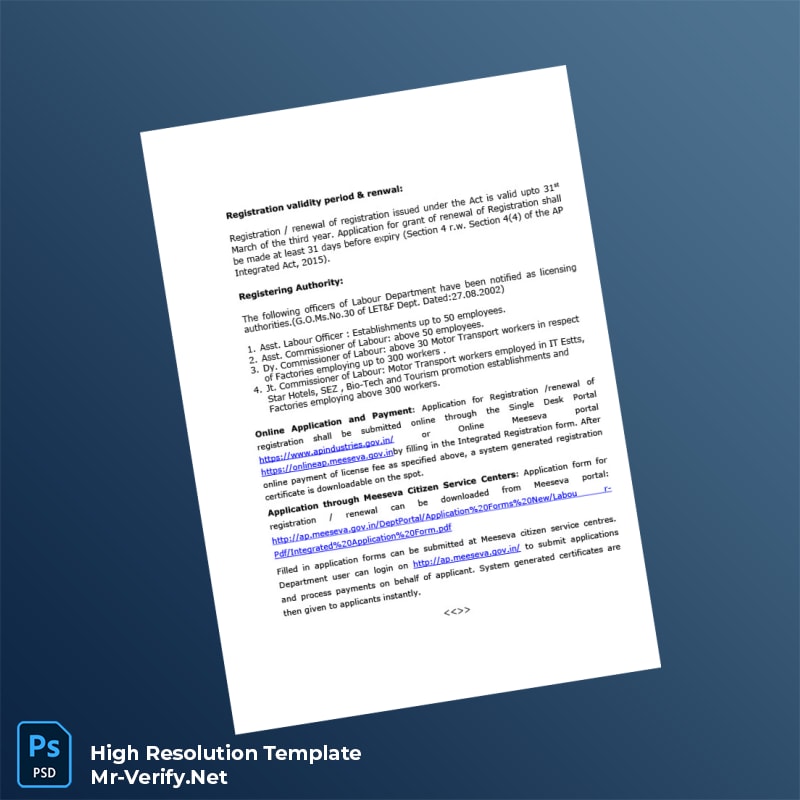 Editable India Assistant Labour Commissioner Registration Certificate Word and Pdf Template 2 page Editable India Assistant Labour Commissioner Registration Certificate Word and Pdf Template 2 page