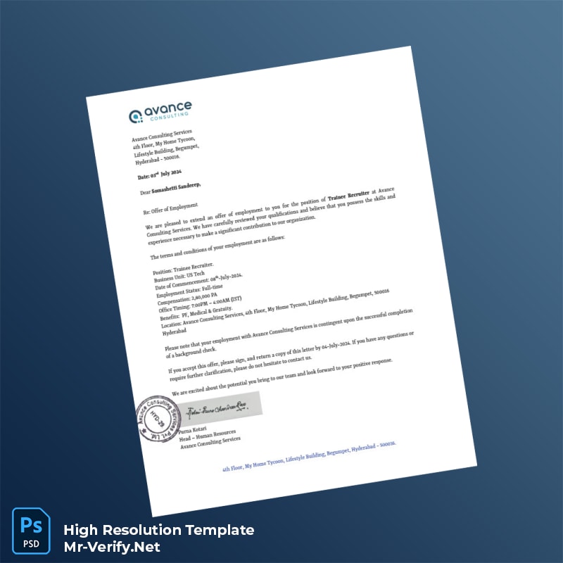 Editable India Avance Consulting Services Employment Verification Letter Word and Pdf Template 3 page Editable India Avance Consulting Services Employment Verification Letter Word and Pdf Template 3 page