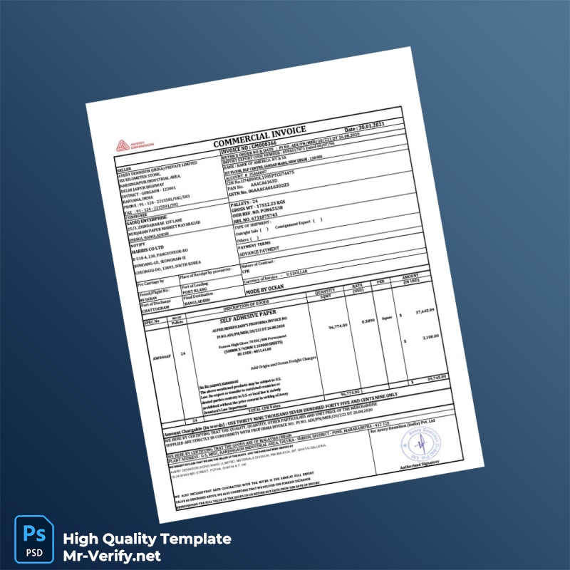 India Avery Dennisien India Private Limited Commercial Invoice Template in Word and PDF formats India Avery Dennisien India Private Limited Commercial Invoice Template in Word and PDF formats