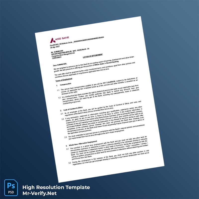 Editable India Axis Bank Employment Verification Letter Word and Pdf Template 4 page Editable India Axis Bank Employment Verification Letter Word and Pdf Template 4 page