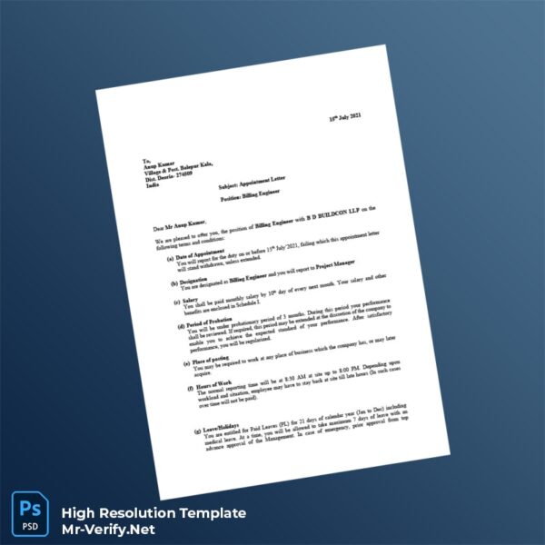 Editable India B D Bulldon LLP Employment Verification Letter Word and Pdf Template 4 page