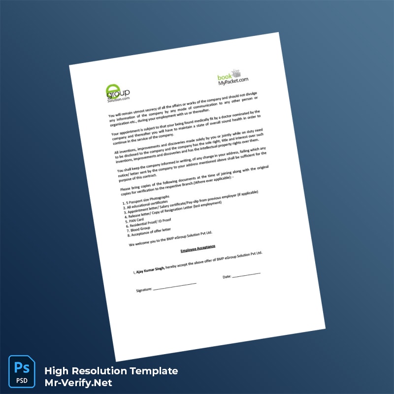 Editable India BMP eGroup Solution Pvt Ltd Employment Verification Letter Word and Pdf Template 3 page Editable India BMP eGroup Solution Pvt Ltd Employment Verification Letter Word and Pdf Template 3 page